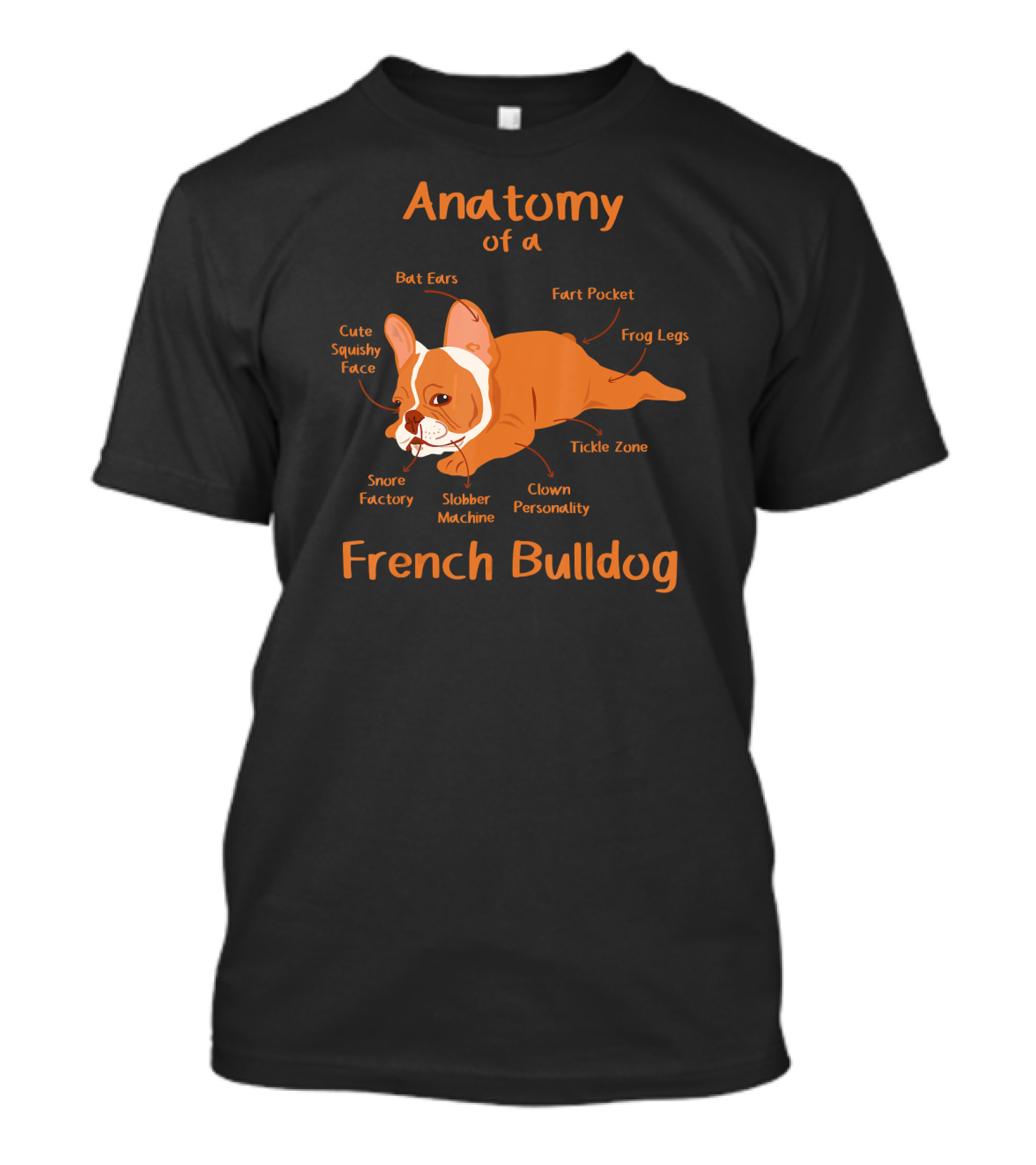 Anatomy Of A French Bulldog Cute Squishy Face Bat Ears Frog Legs Fart Pocket Clown Personality Snore Factory Slobber Machine Tickle Zone T-Shirt