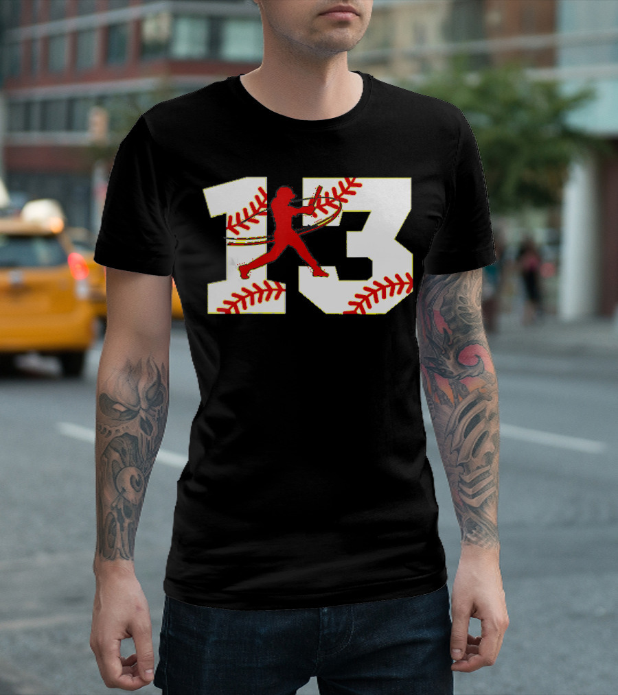 Baseball Number 13 Jersey Batter Silhouette 13 Bat Stitch T-Shirt