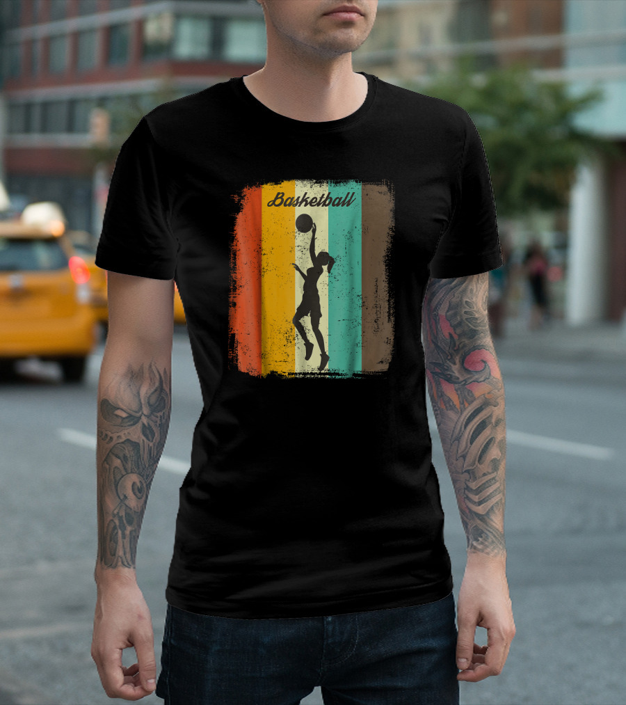 Basketball Player 70s Vintage Silhouette Retro Stripes T-Shirt