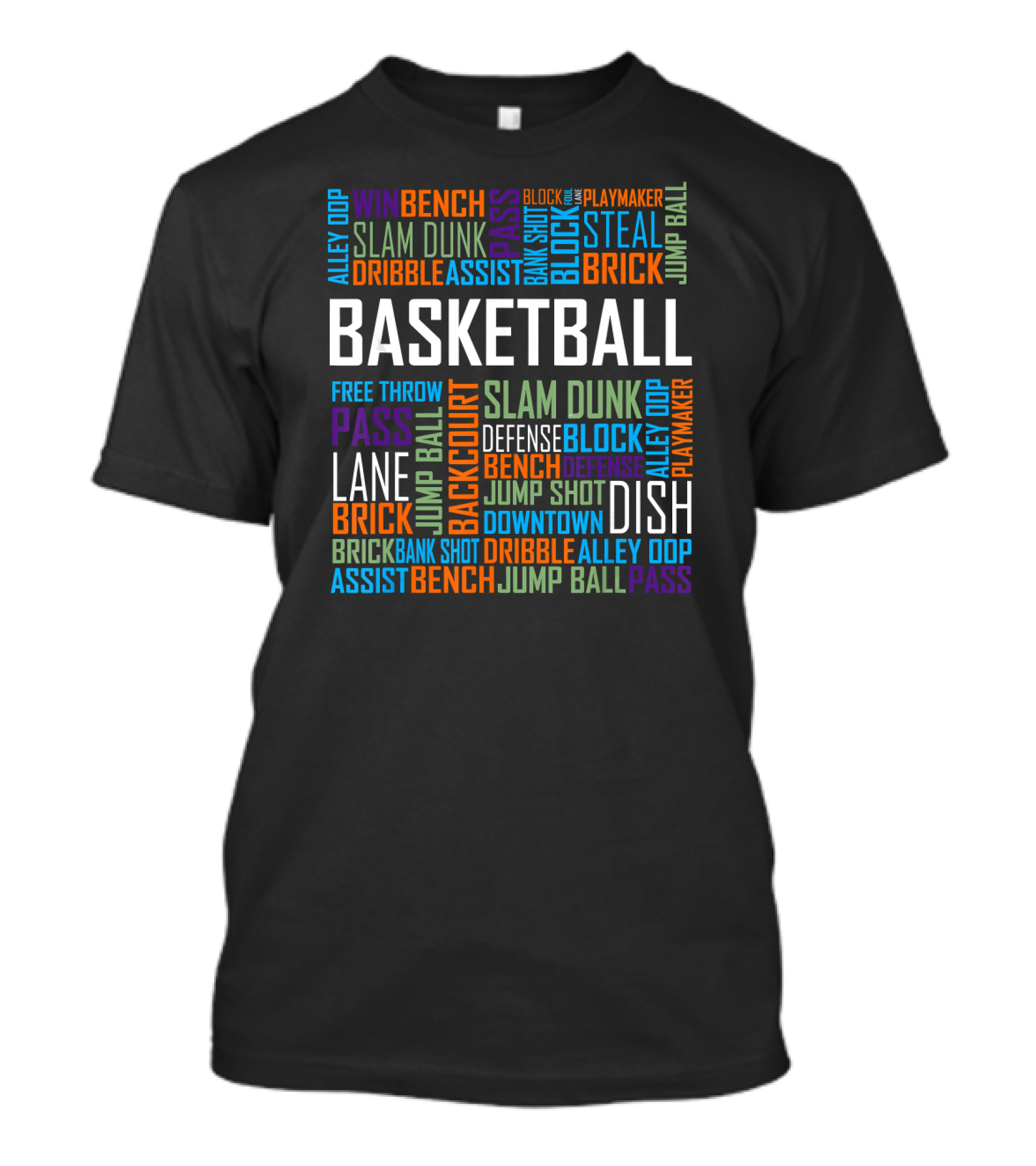 Basketball Terms Word Cloud Slam Dunk Alley Oop Steal Dribble Assist Brick T-Shirt
