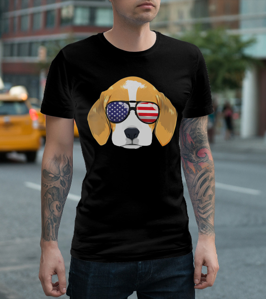 Beagle Dog Wearing American Flag Sunglasses Patriotic T-Shirt