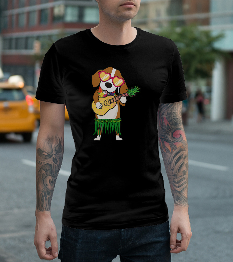Beagle Hawaiian Costume Playing Ukulele with Pineapple and Heart Sunglasses T-Shirt