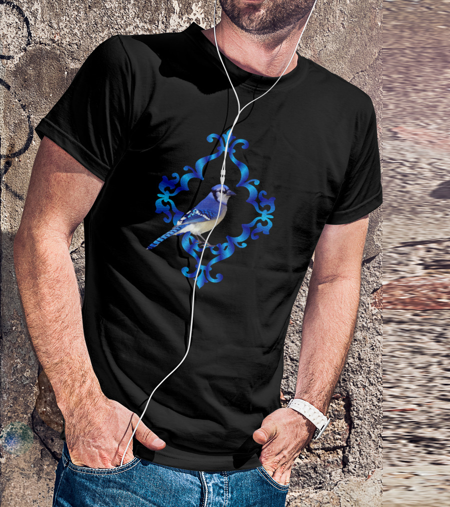 Beautiful Blue Jay Bird In Ornate Baroque Motif T-Shirt