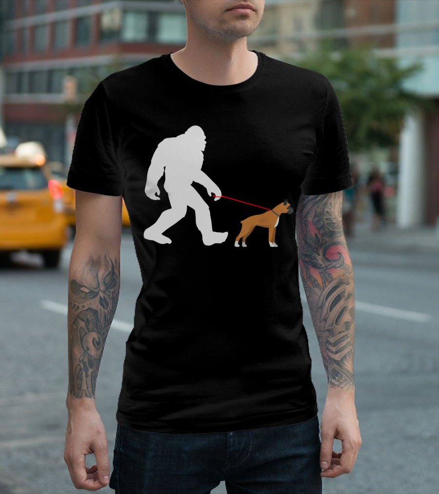 Bigfoot Walking Boxer Dog Sasquatch Adventure T-Shirt