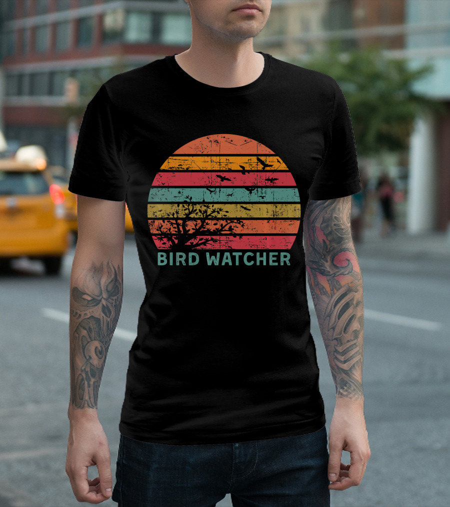 Bird Watcher Ornithologist Birding Retro Sunset Stripes T-Shirt