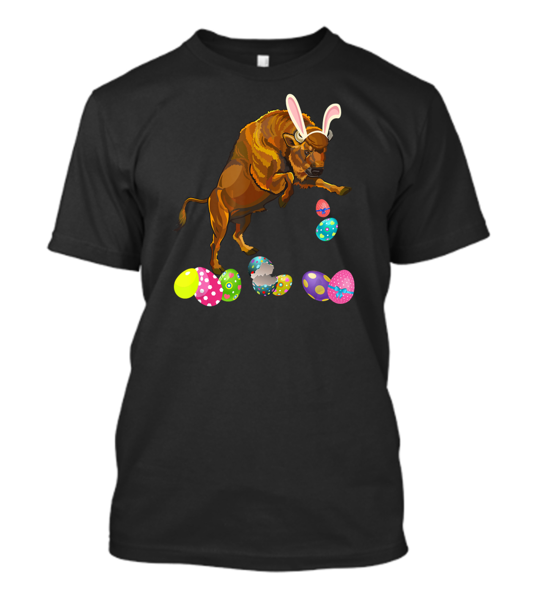 Bison With Bunny Rabbit Hat And Colorful Easter Eggs T-Shirt