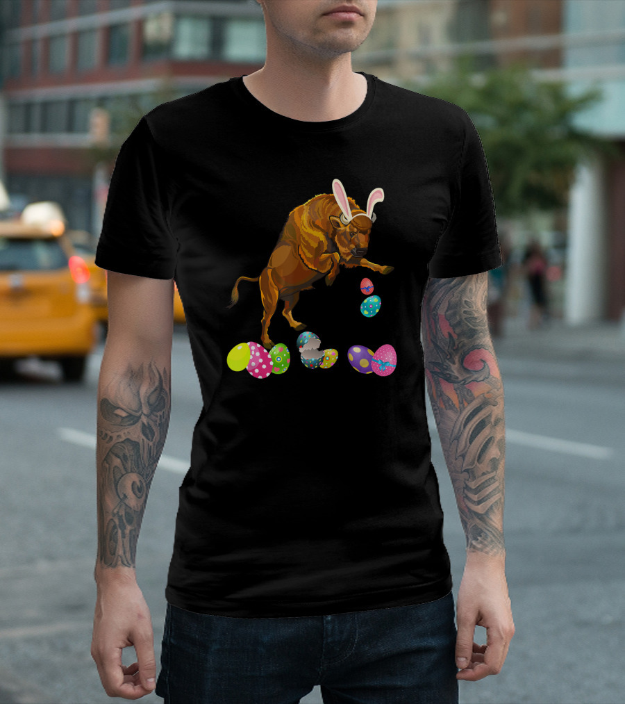 Bison With Bunny Rabbit Hat And Colorful Easter Eggs T-Shirt