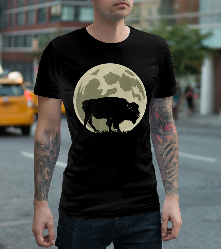 Bison Lover Full Moon Silhouette Scene T-Shirt