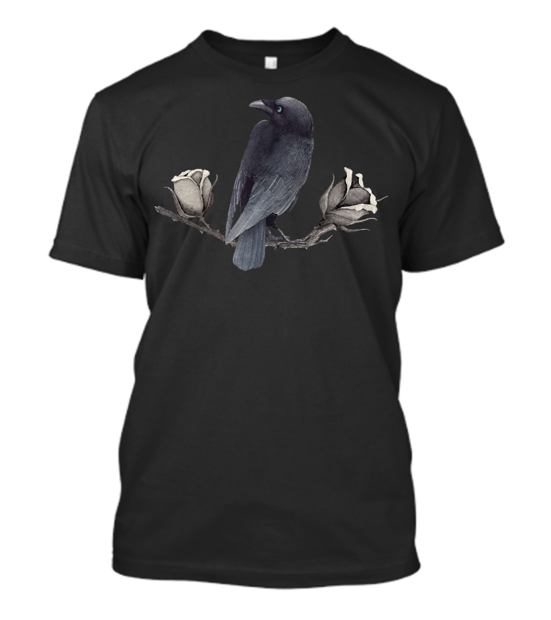 Black Bird Perched On Branch With Pale Flowers T-Shirt