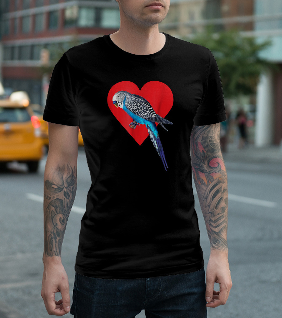 Blue Parakeet On Red Heart For Budgie Bird Lover T-Shirt