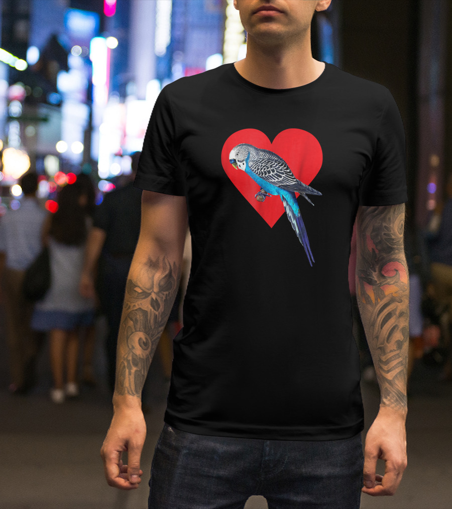 Blue Parakeet On Red Heart For Budgie Bird Lover T-Shirt