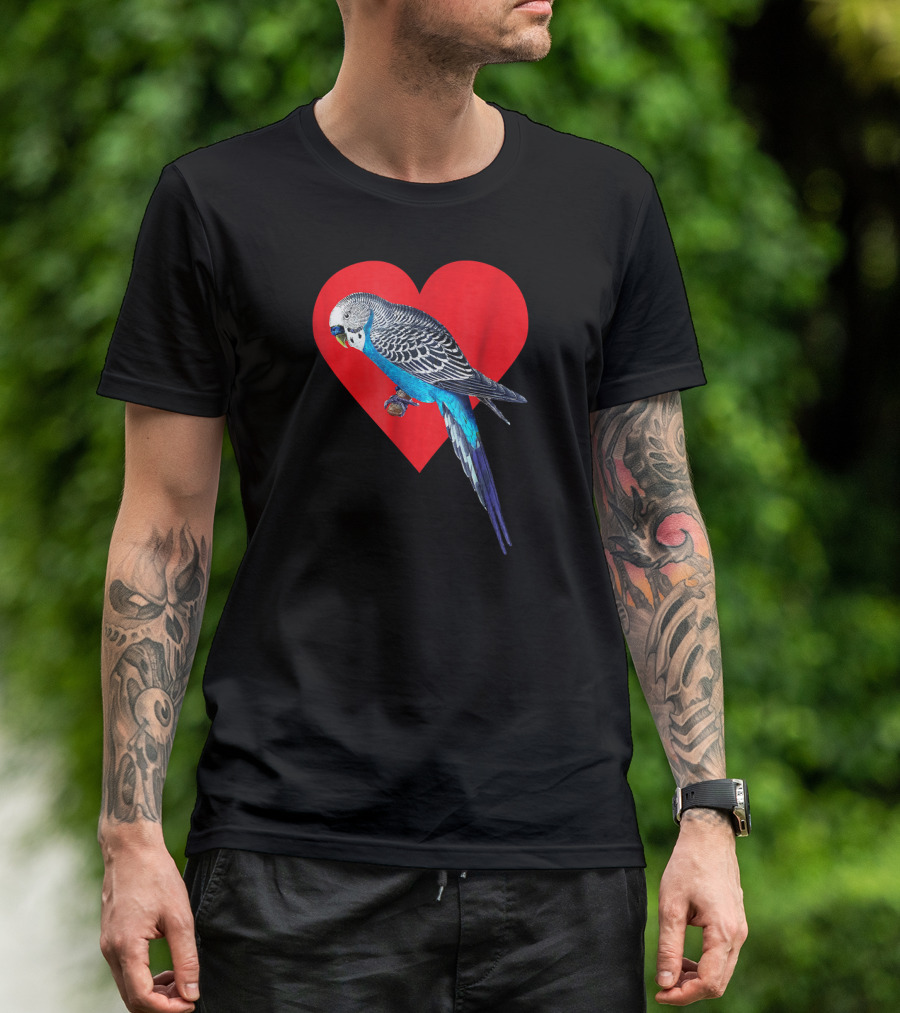 Blue Parakeet On Red Heart For Budgie Bird Lover T-Shirt
