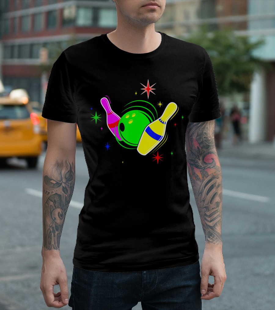 Bowling 80s Neon Sign Strike Pins Stars Bright Colors T-Shirt