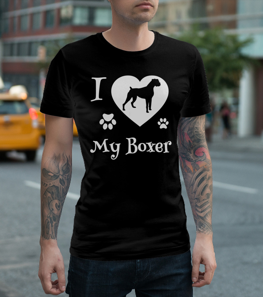 I Love My Boxer Dog Silhouette Heart Paw Prints T-Shirt