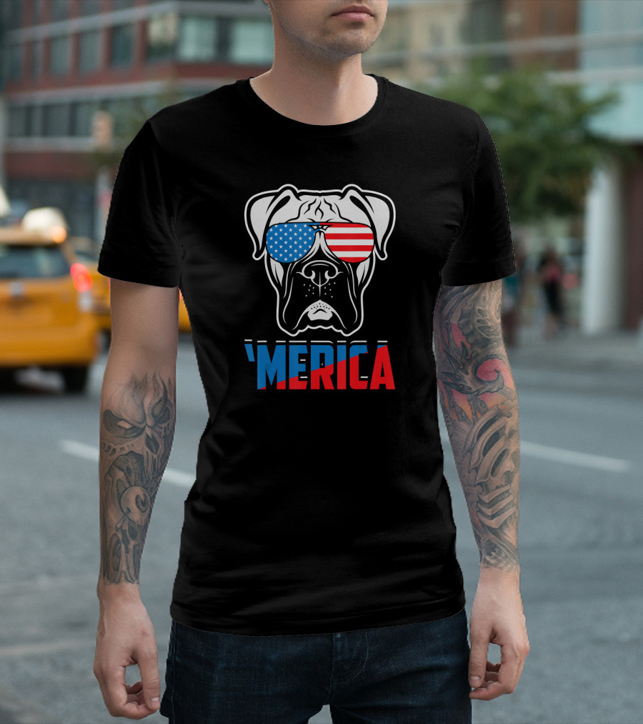 Patriotic Boxer Dog 'Merica USA Flag Sunglasses T-Shirt