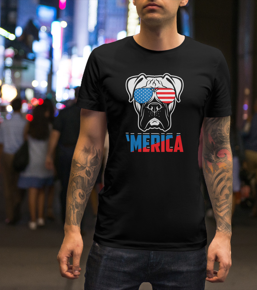 Patriotic Boxer Dog 'Merica USA Flag Sunglasses T-Shirt