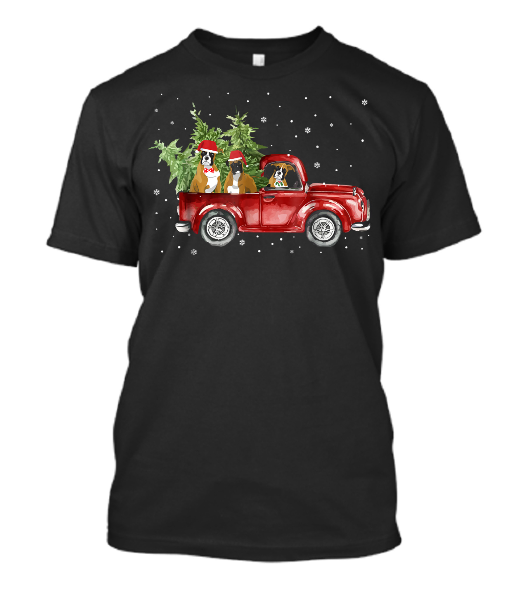 Boxer Dogs Christmas Pickup Truck With Santa Hats And Snowflakes T-Shirt