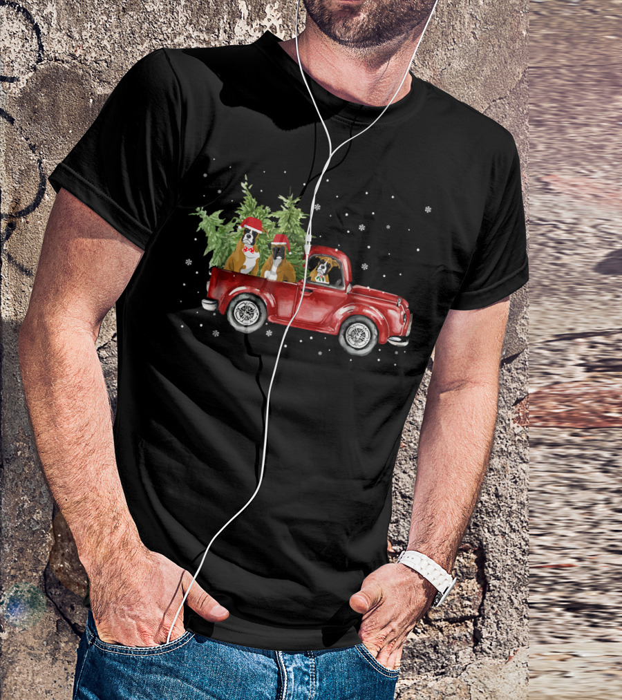 Boxer Dogs Christmas Pickup Truck With Santa Hats And Snowflakes T-Shirt