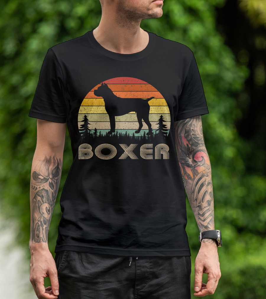 Boxer Dog Silhouette Retro 70s Style Vintage Sunset T-Shirt