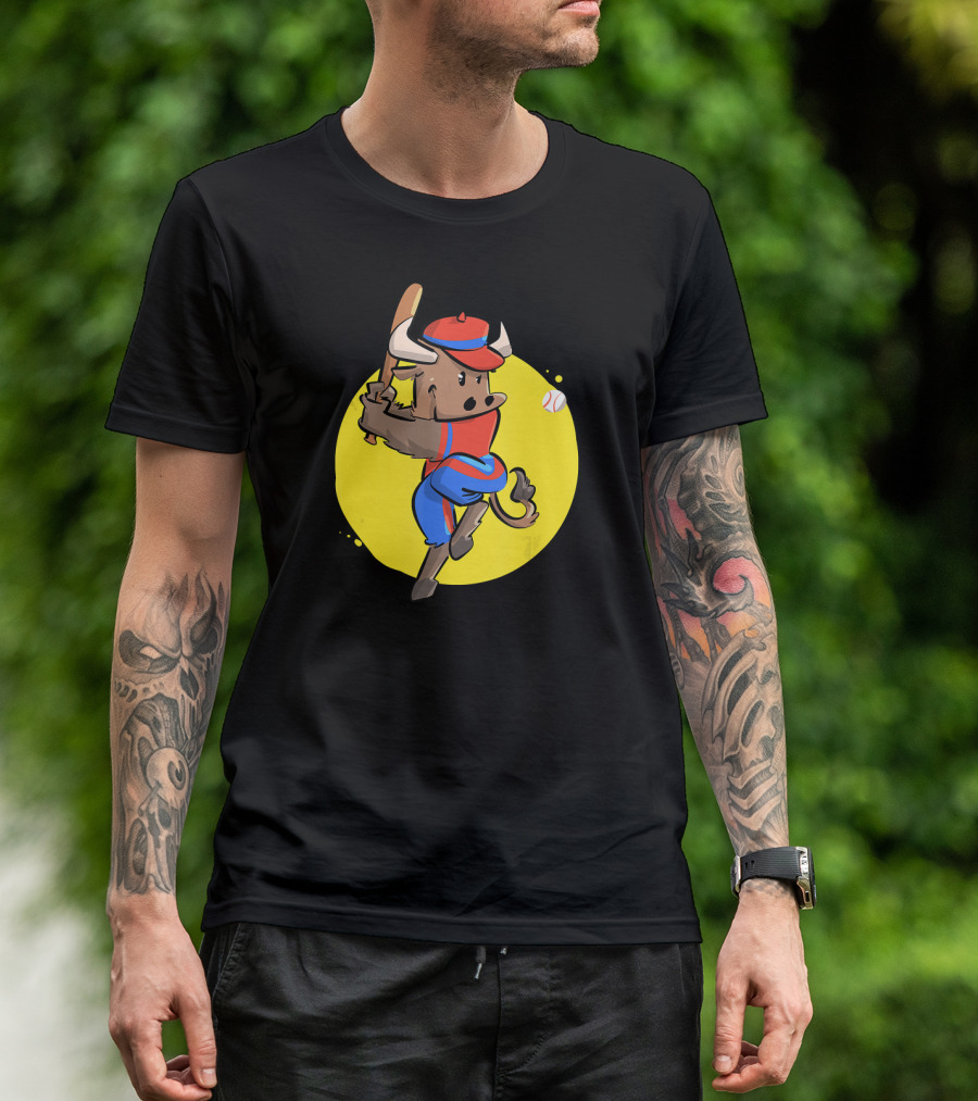 Buffalo Bison Baseball Softball Cartoon Character Batting Action T-Shirt