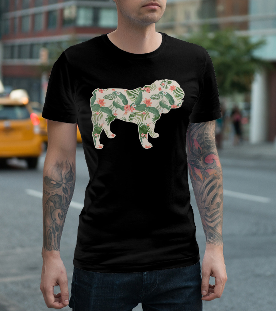 Floral Bulldog Flower Girl Pet Pup Print T-Shirt
