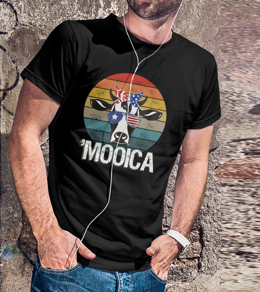 Mooica Cow Wearing American Flag Sunglasses With Patriotic Bandana 4th Of July T-Shirt