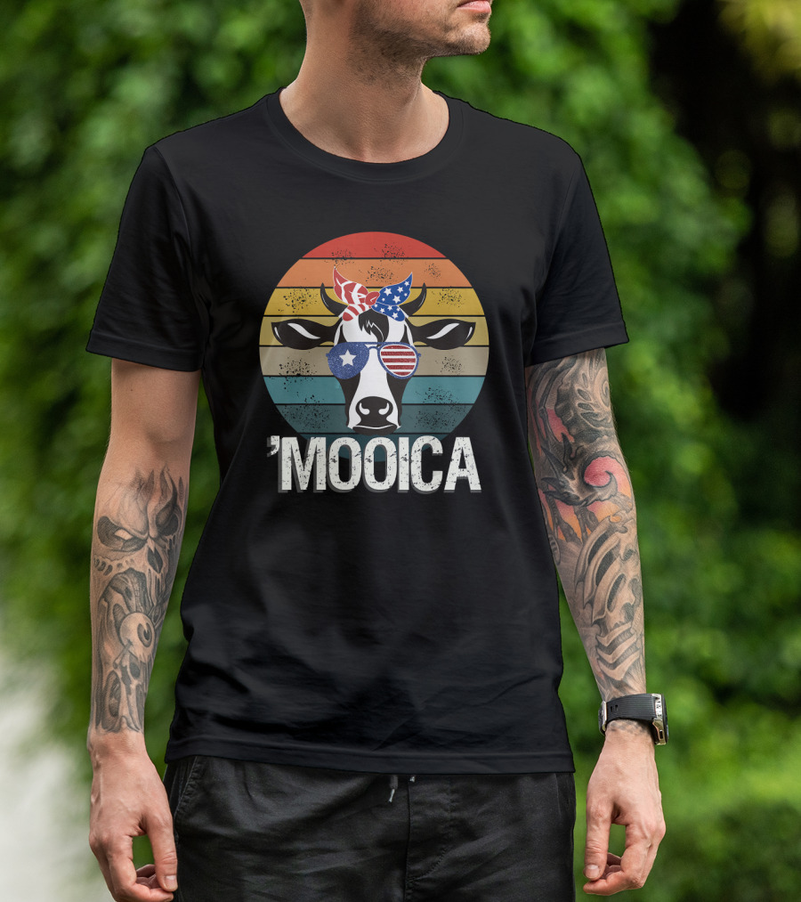 Mooica Cow Wearing American Flag Sunglasses With Patriotic Bandana 4th Of July T-Shirt