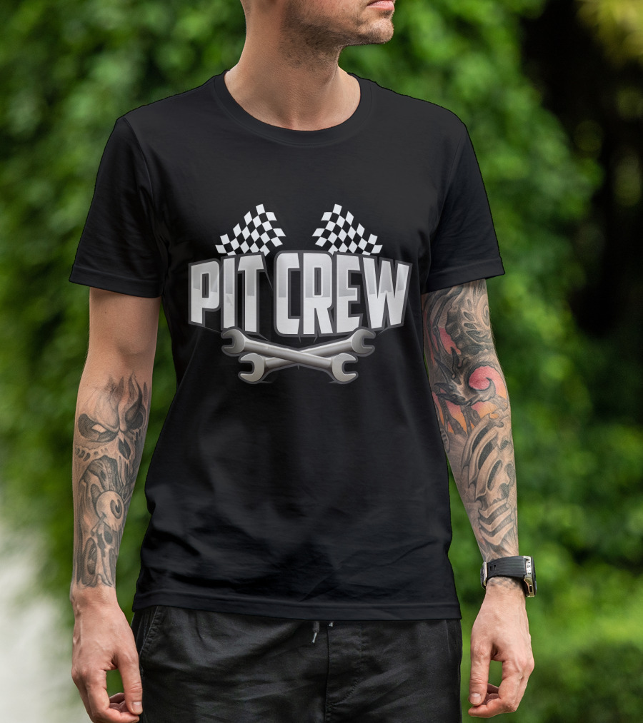 Pit Crew Cute Scruff Race Car Checkered Flags Wrench Cross T-Shirt