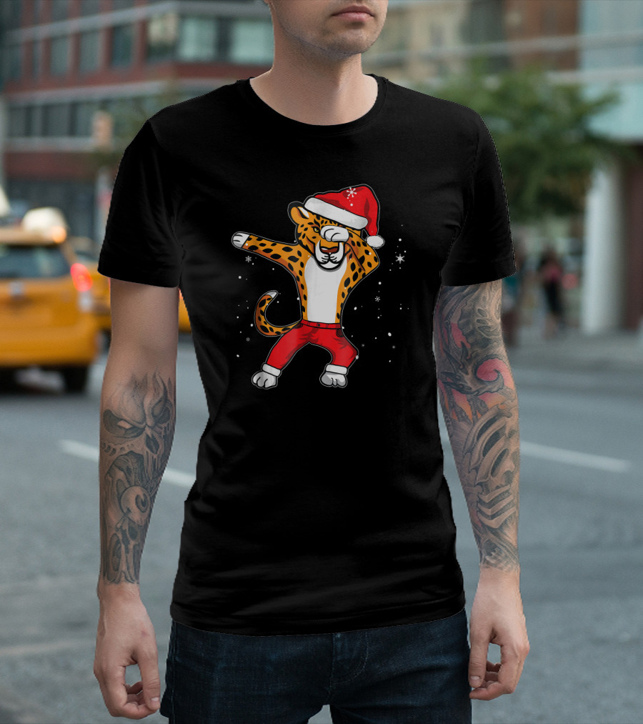 Santa Hat Dabbing Panther Cheetah with Red Pants T-Shirt