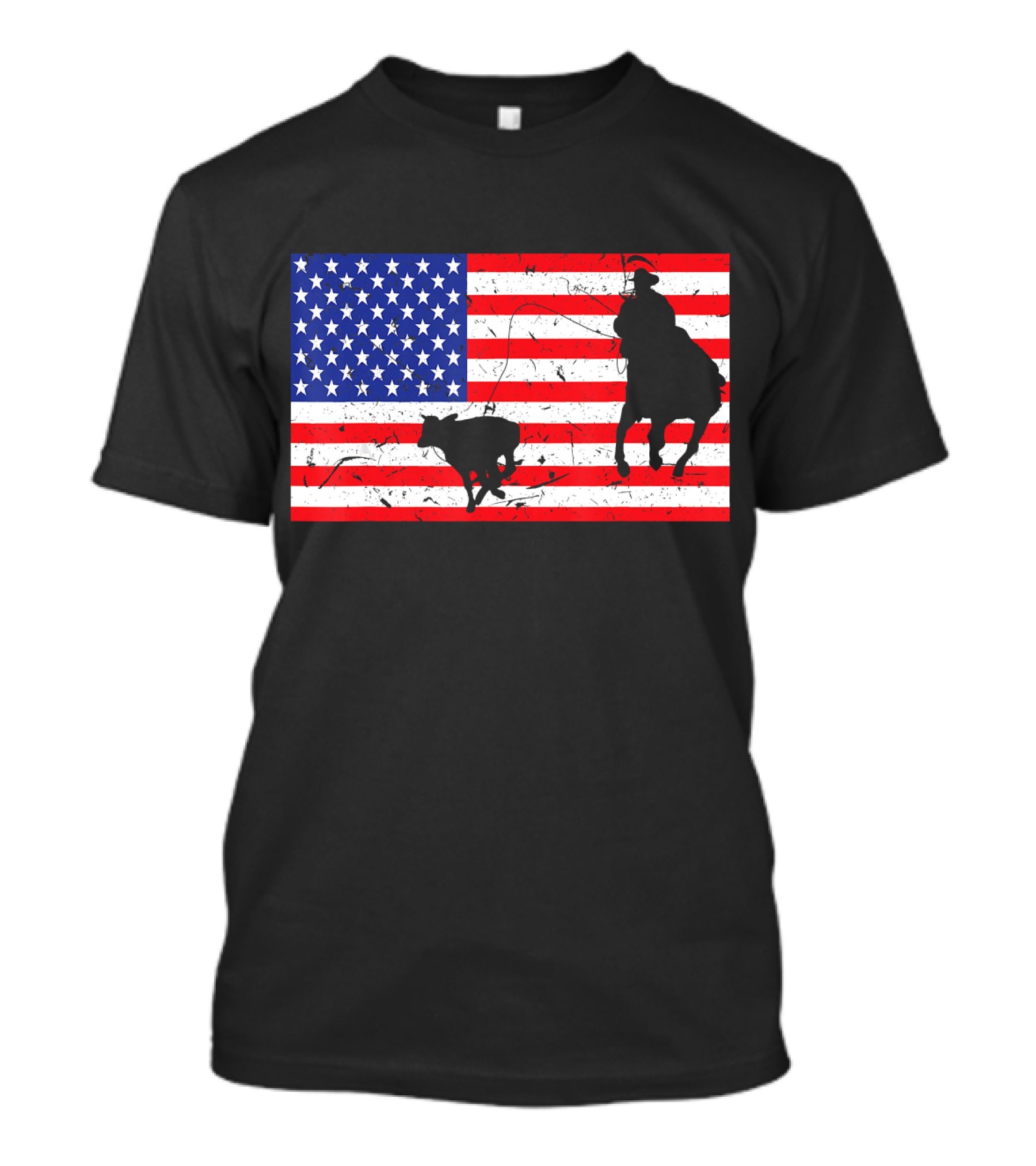 Distressed Roping Cowboy USA American Flag T-Shirt