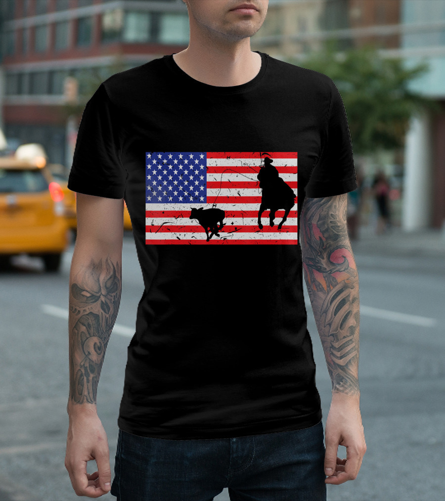 Distressed Roping Cowboy USA American Flag T-Shirt