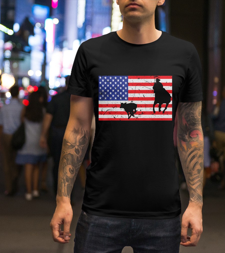 Distressed Roping Cowboy USA American Flag T-Shirt
