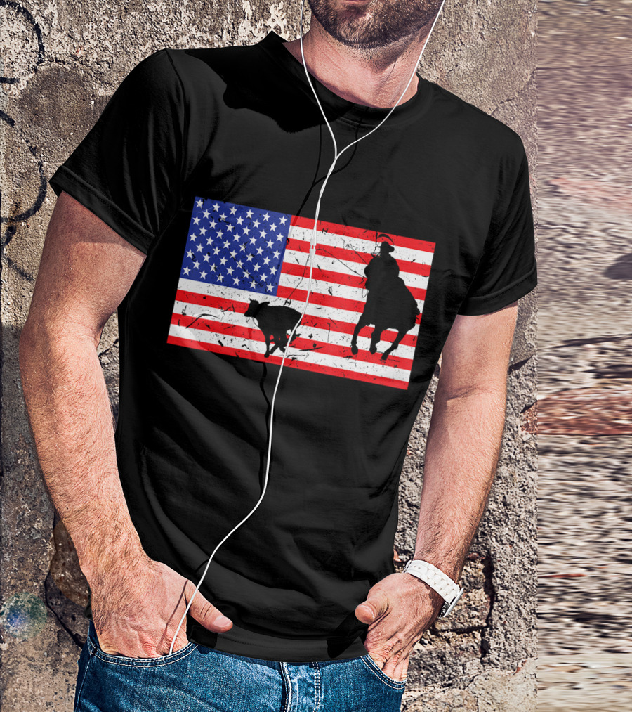 Distressed Roping Cowboy USA American Flag T-Shirt