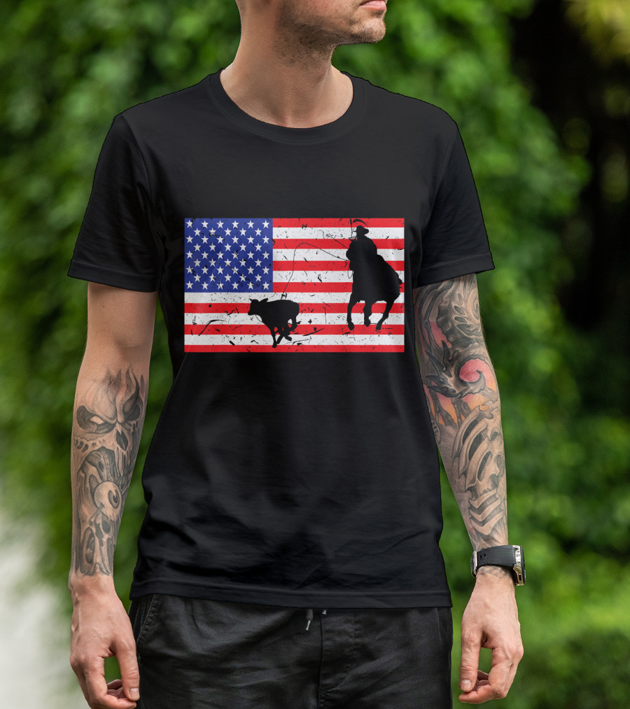 Distressed Roping Cowboy USA American Flag T-Shirt