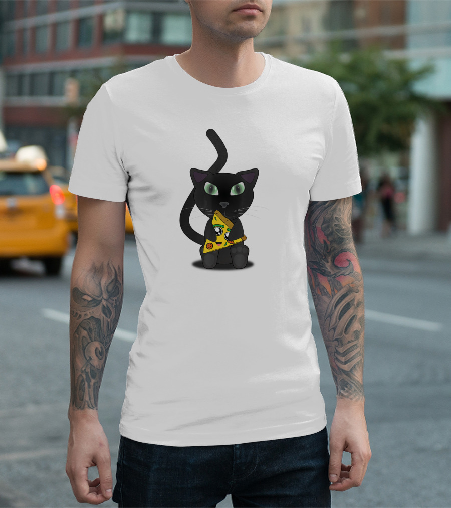 Kitty Cat Lovers Cute Pizza Cat With Green Eyes And Slice T-Shirt