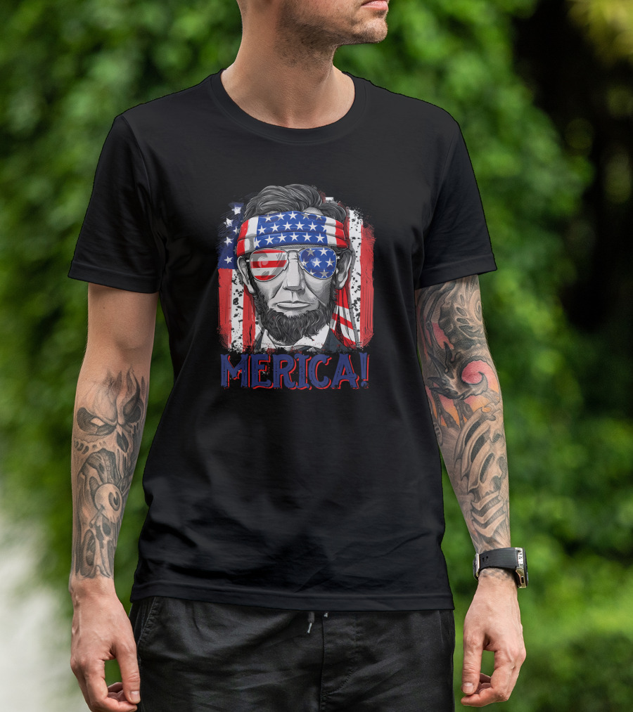 Lincoln 4th Of July Merica USA Flag Bandana Sunglasses T-Shirt