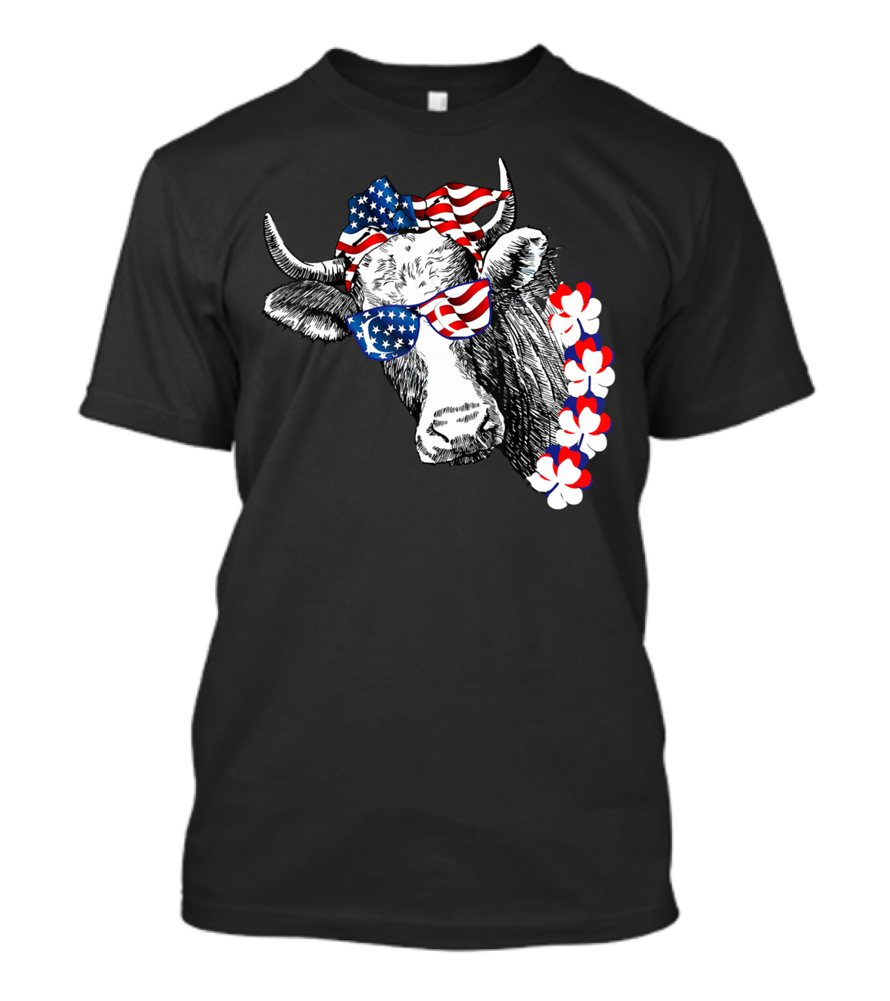 Patriotic Cow 4th Of July American Flag Glasses And Bow With Floral Lei T-Shirt
