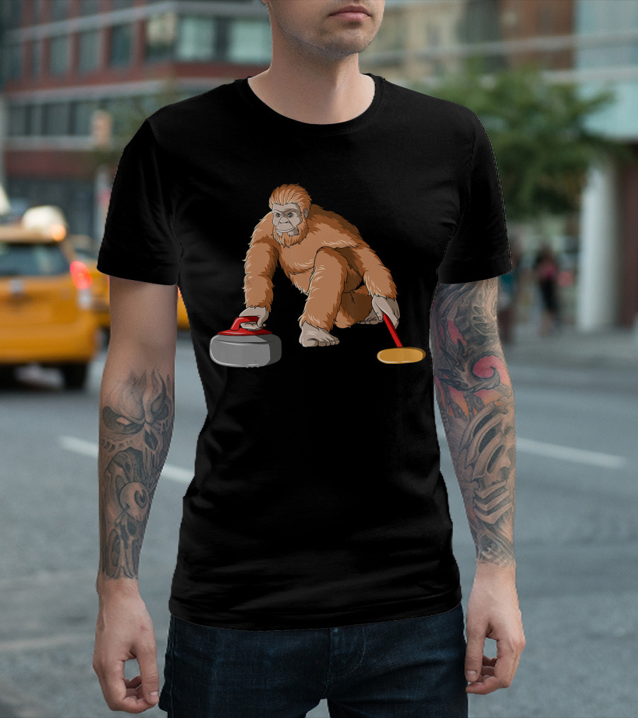 Bigfoot Sasquatch Playing Curling With Stone And Broom T-Shirt