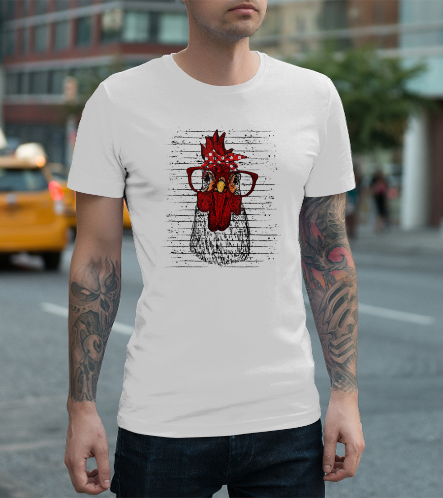 Chicken with Bandana Headband and Glasses Red Rooster Fun T-Shirt