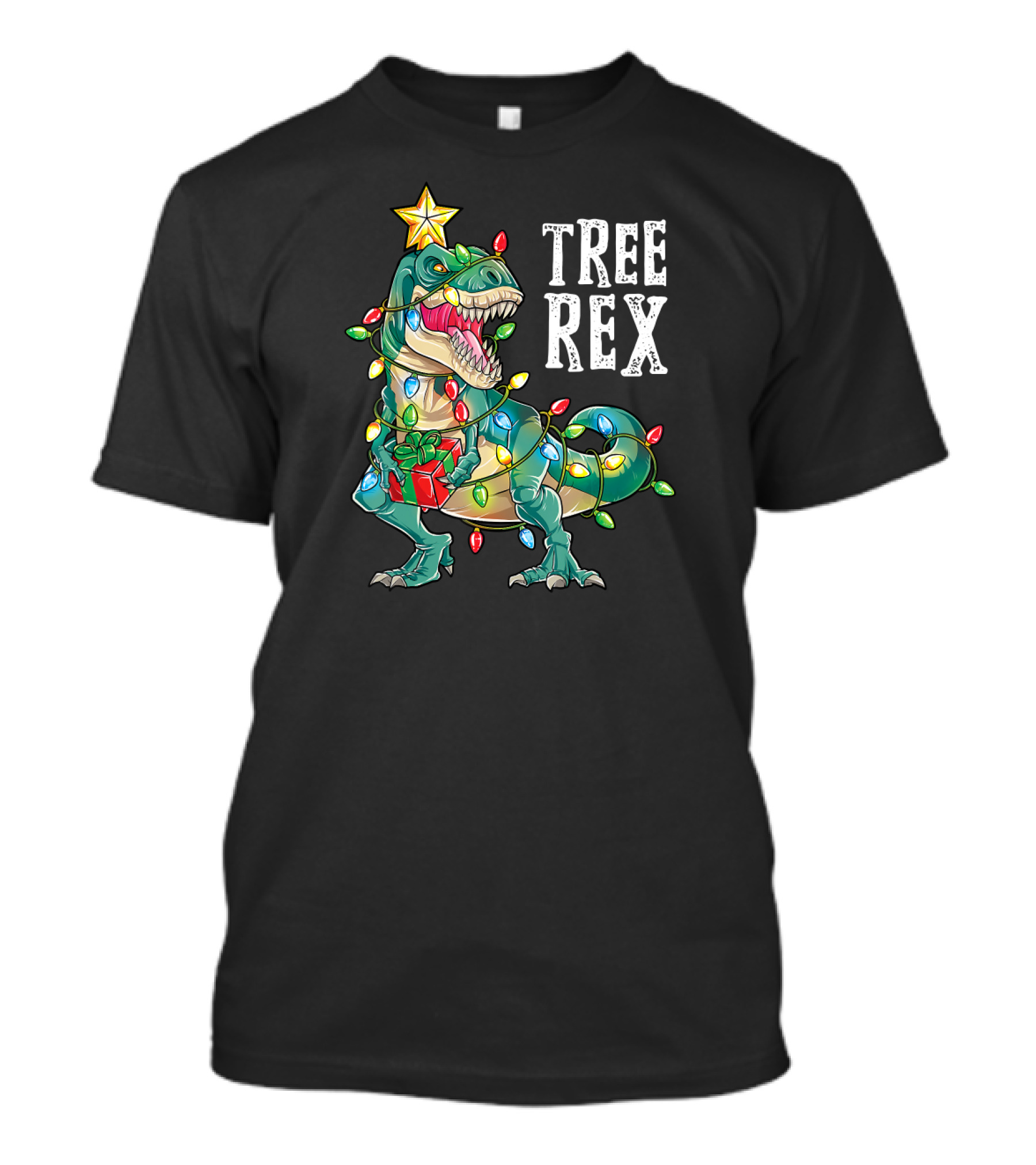 Tree Rex Dinosaur Wrapped In Christmas Lights Star T-Shirt