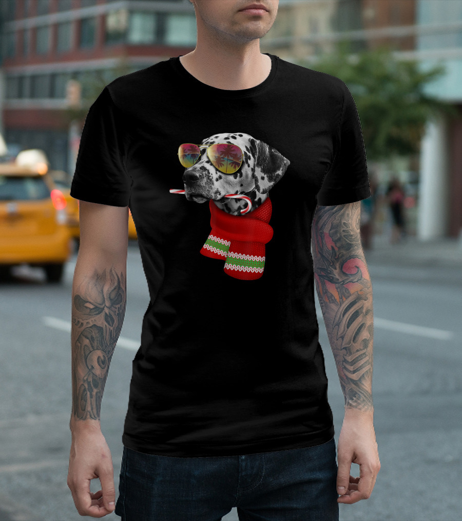 Christmas in July Dalmatian Candy Cane Sunglasses Holiday Scarf Palm Tree Reflections T-Shirt