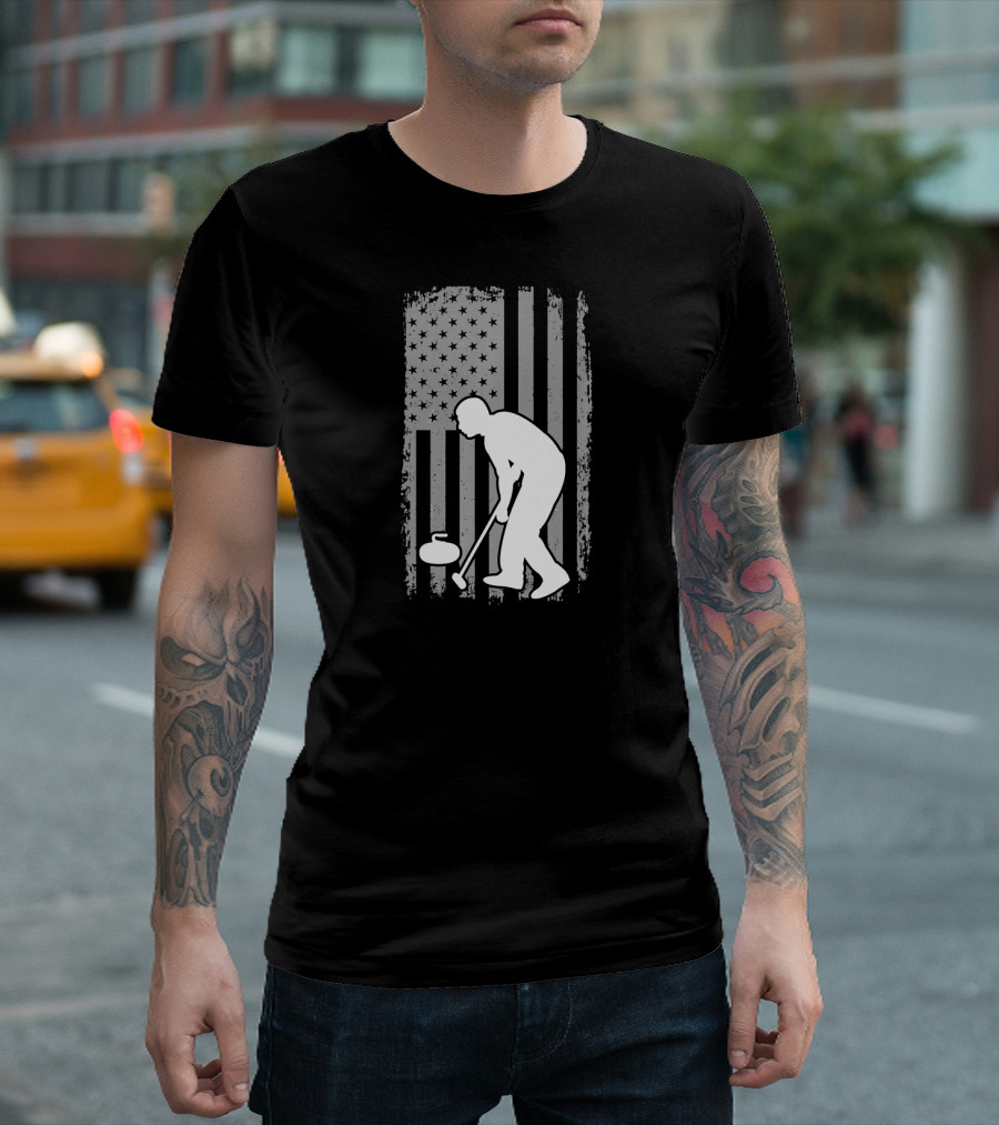 Curling Silhouette Distressed American Flag T-Shirt