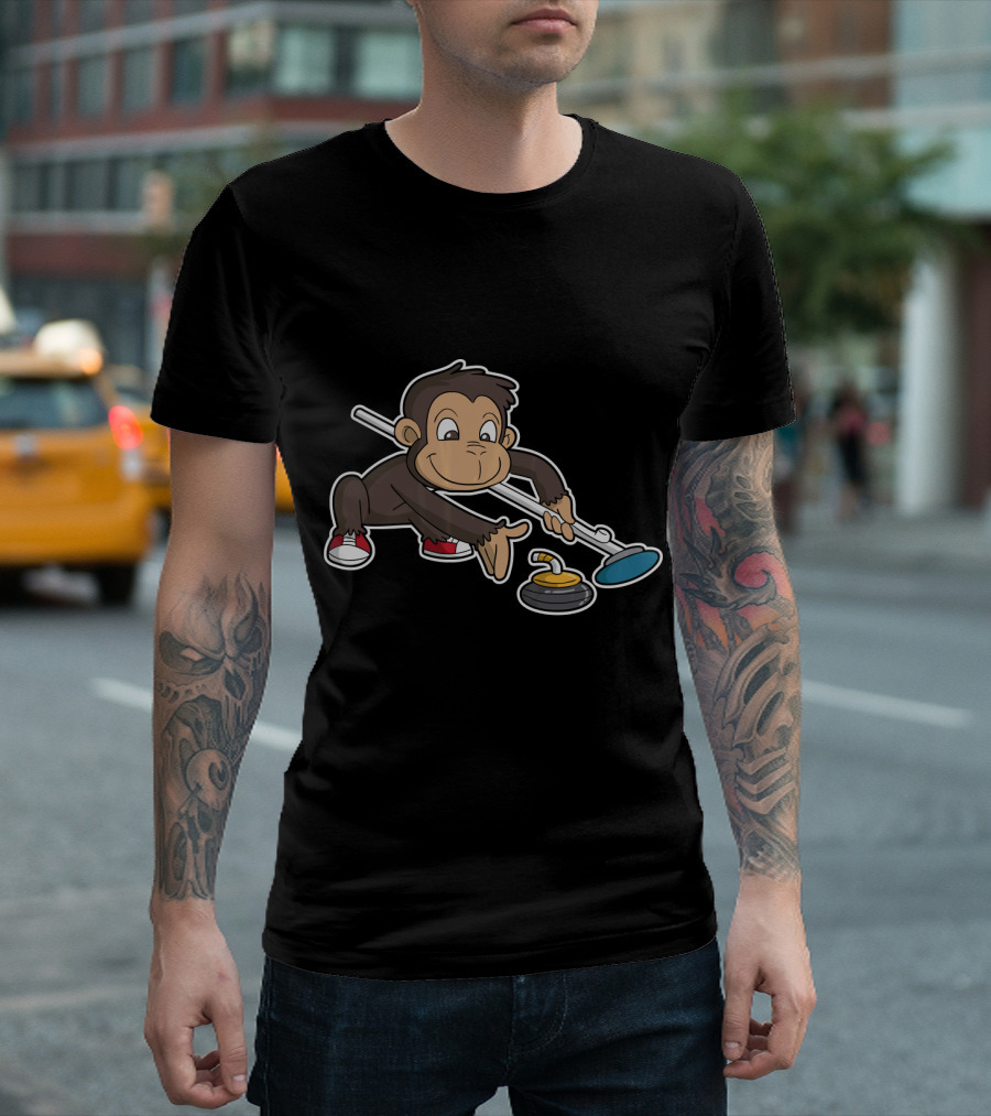 Curling Monkey Cartoon with Broom and Stone T-Shirt