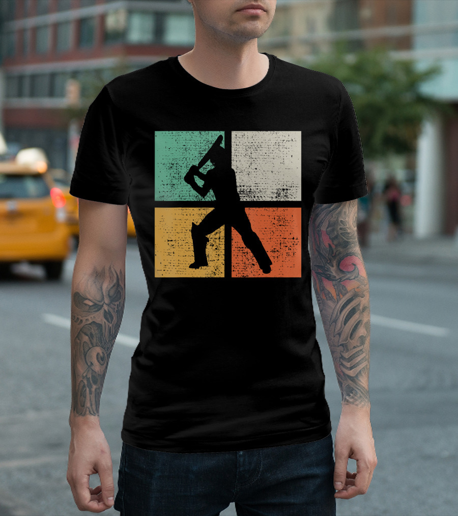 Cricket Batsman Player Coach Silhouette Color Blocks T-Shirt