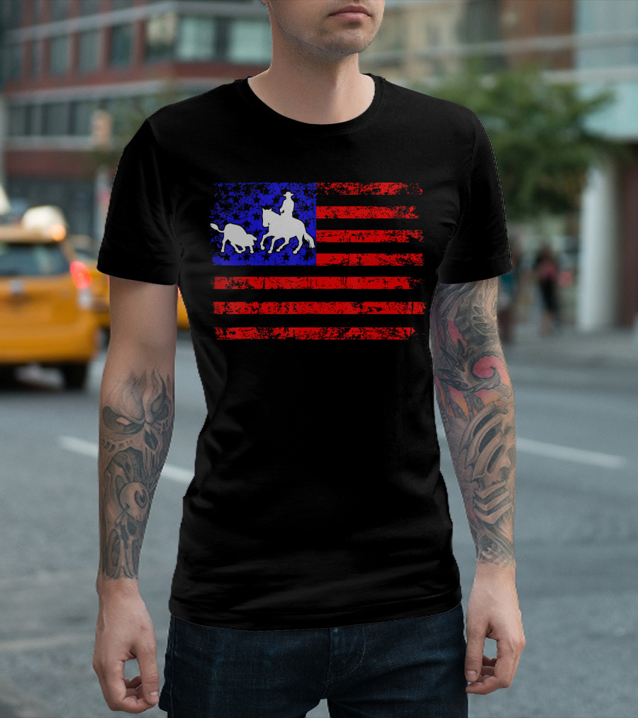 Ranch Sorting Horses Lovers USA Flag Western Rodeo Cowboy Patriot T-Shirt