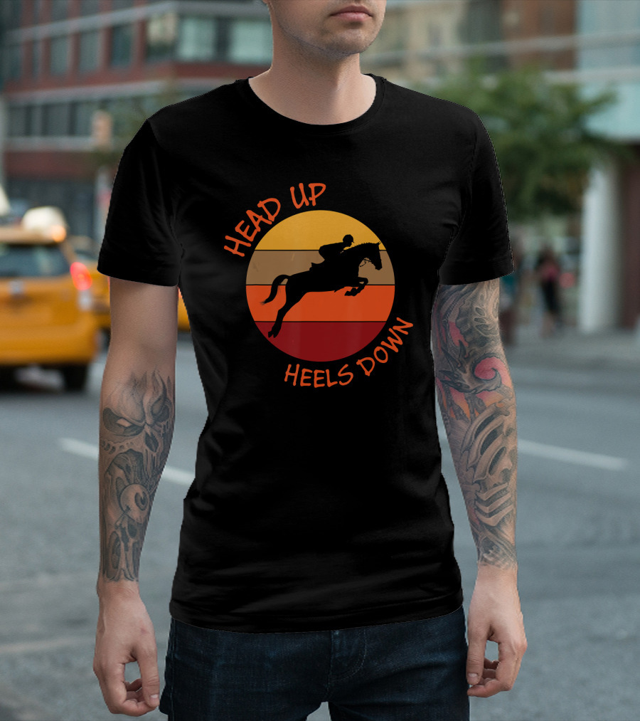 Head Up Heels Down Horse Lovers Equestrian Silhouette Vintage Sunset T-Shirt