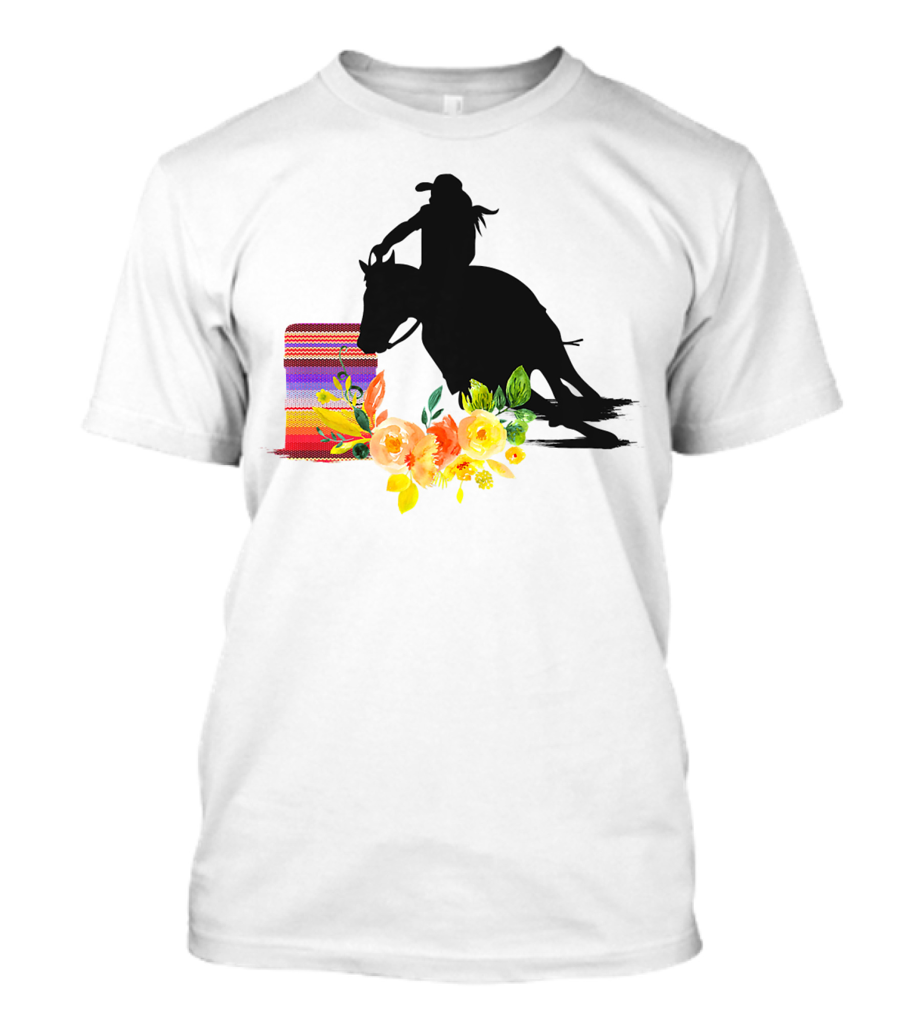 Horse Barrel Racing Silhouette With Vibrant Floral And Striped T-Shirt