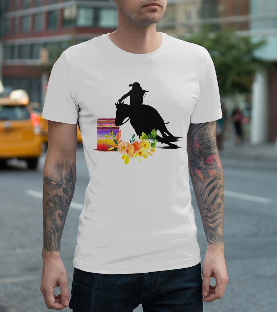 Horse Barrel Racing Silhouette With Vibrant Floral And Striped T-Shirt
