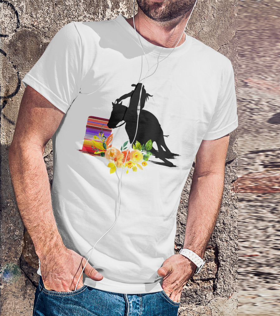 Horse Barrel Racing Silhouette With Vibrant Floral And Striped T-Shirt