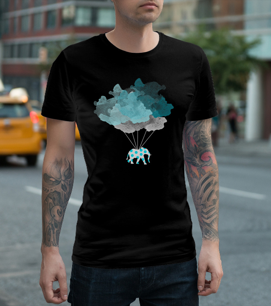 Teal Polka Dots Elephant Carried By Cloud Balloons T-Shirt